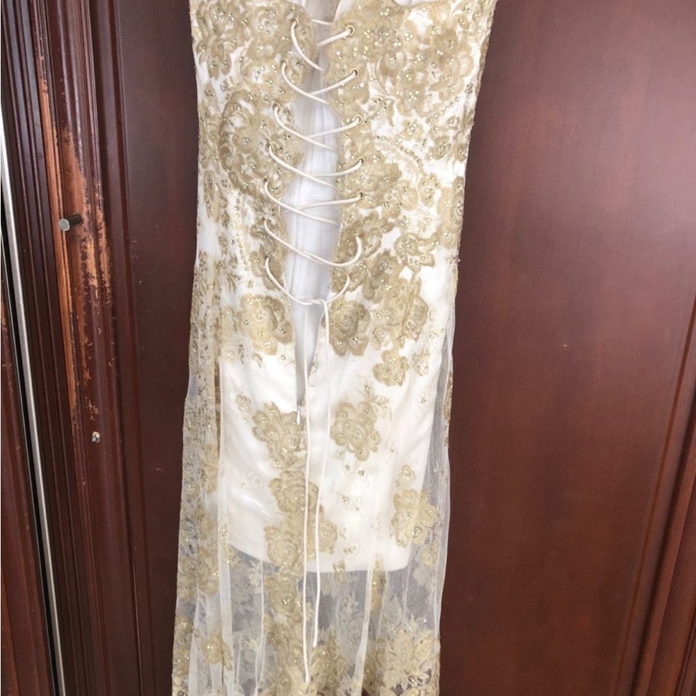 Barrack size 4 dress. Satin with gold lace